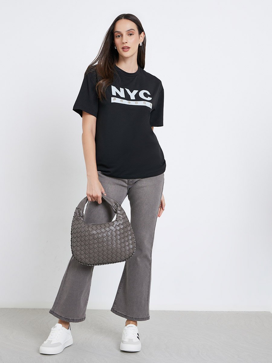 Women Black NYC Print Stud Oversized T-Shirt