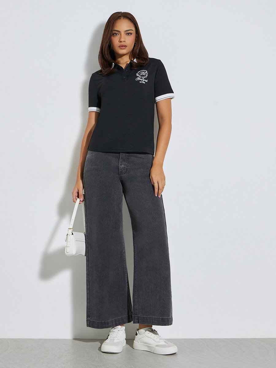 Women Black Embroidered Polo T-Shirt