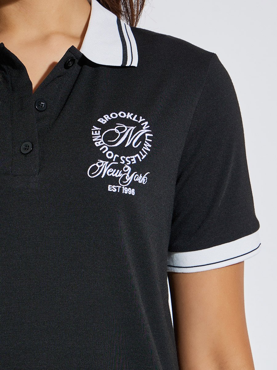 Women Black Embroidered Polo T-Shirt