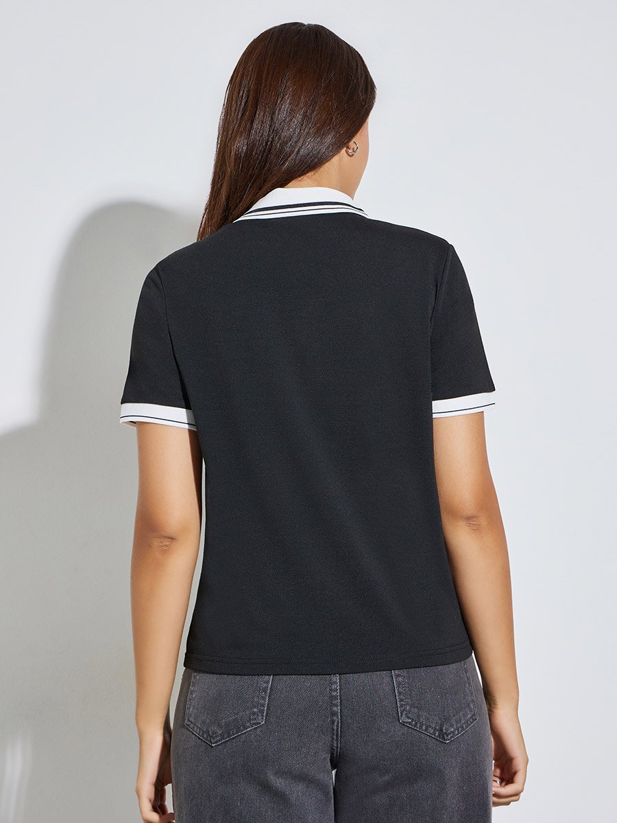 Women Black Embroidered Polo T-Shirt
