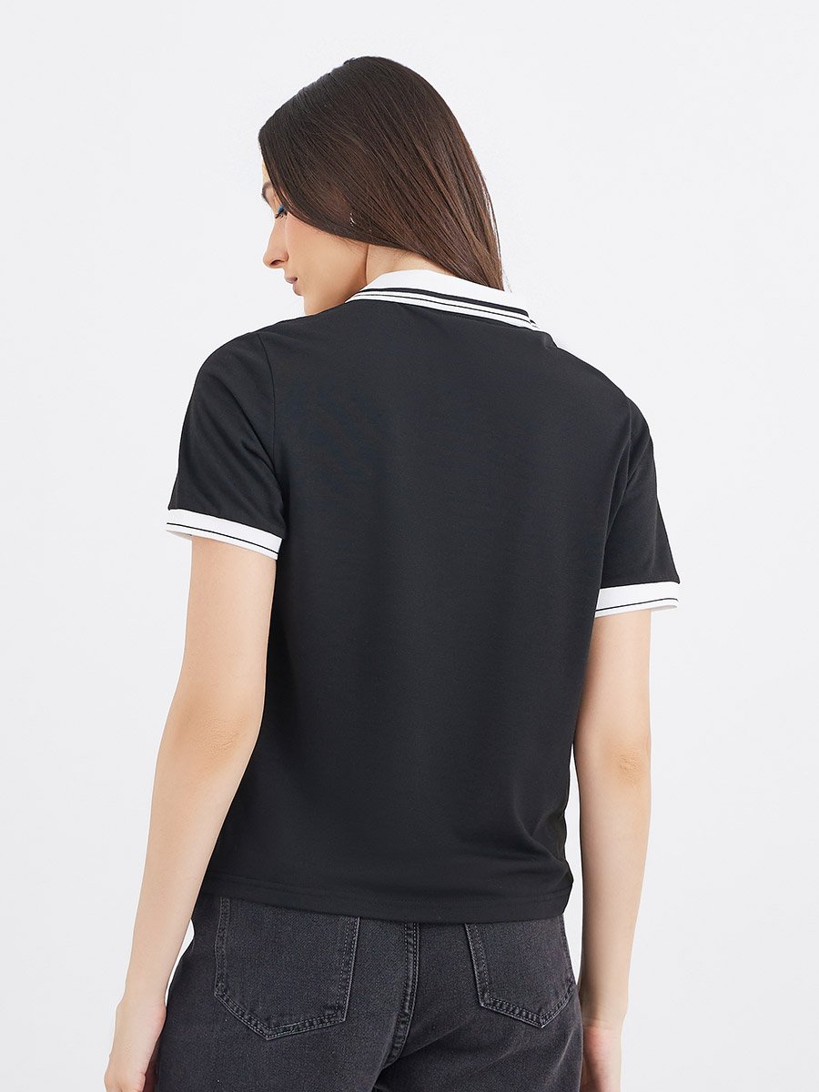 Women Black Embroidered Polo T-Shirt