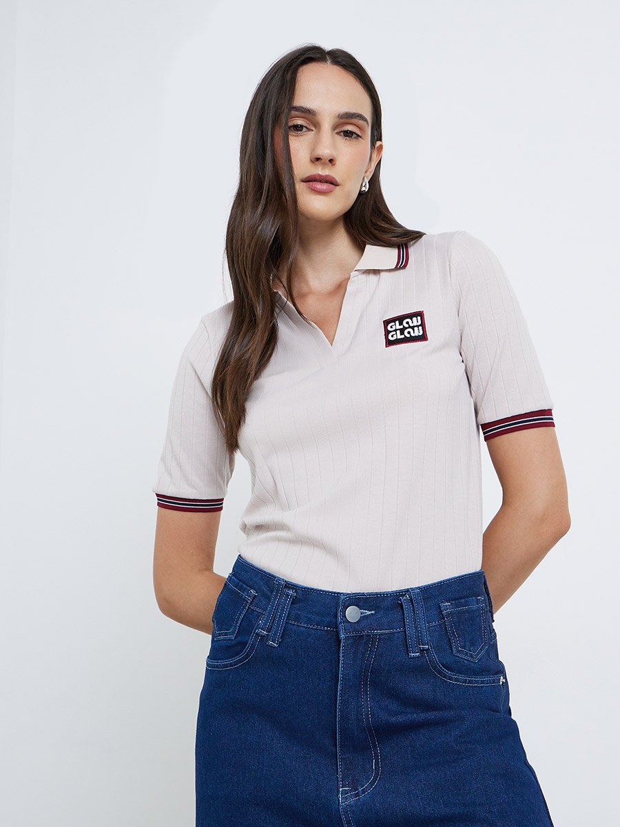 Women Beige Contrast Tipping Polo T-Shirt