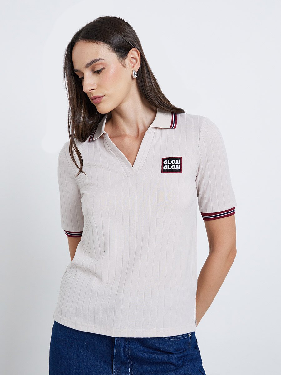 Women Beige Contrast Tipping Polo T-Shirt