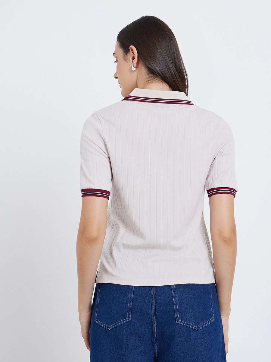 Women Beige Contrast Tipping Polo T-Shirt