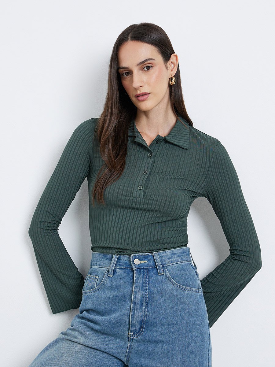 Fitted Ribbed Long Sleeve Polo T-Shirt