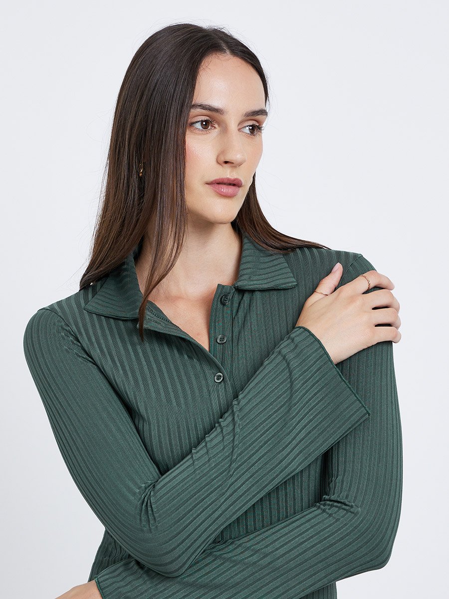 Fitted Ribbed Long Sleeve Polo T-Shirt