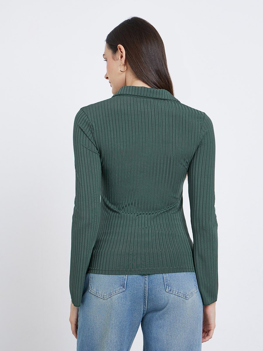 Fitted Ribbed Long Sleeve Polo T-Shirt