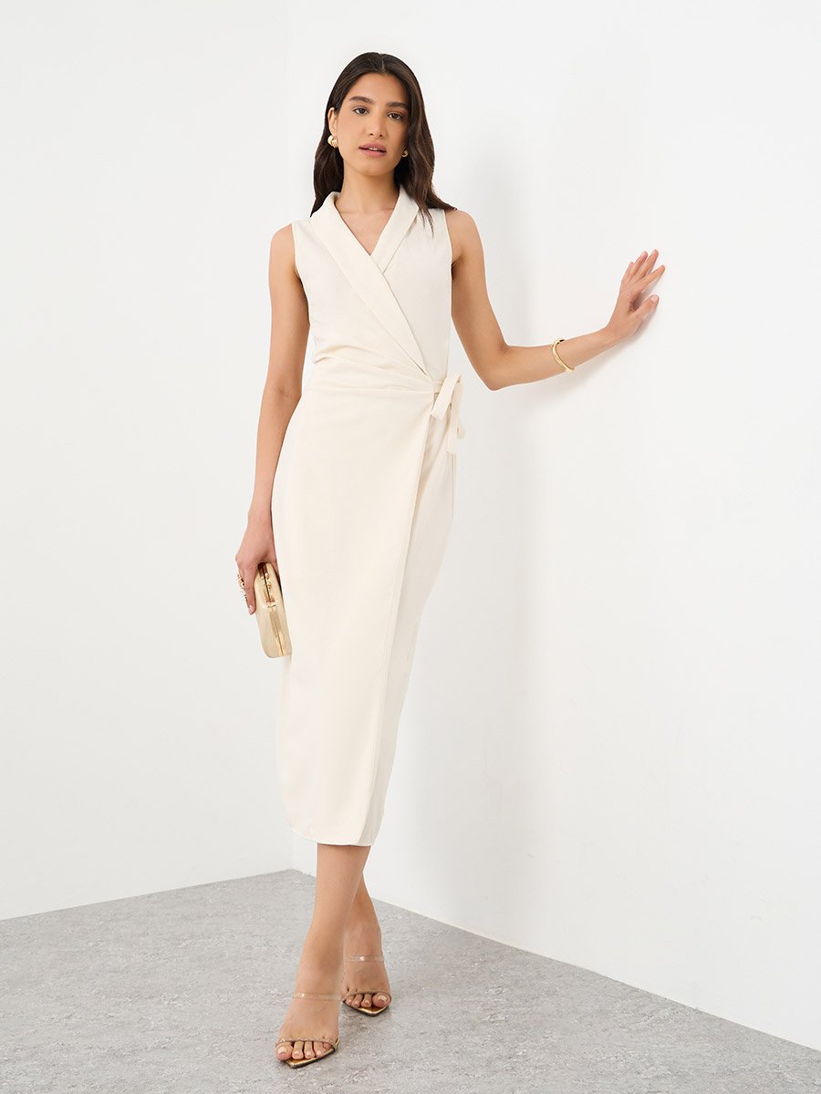 Solid Wrap Sleeveless Midi Dress