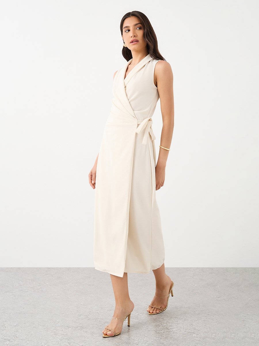 Solid Wrap Sleeveless Midi Dress