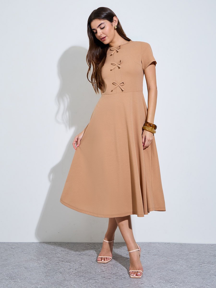Brown Round Neck Bow Detail Midi Dress