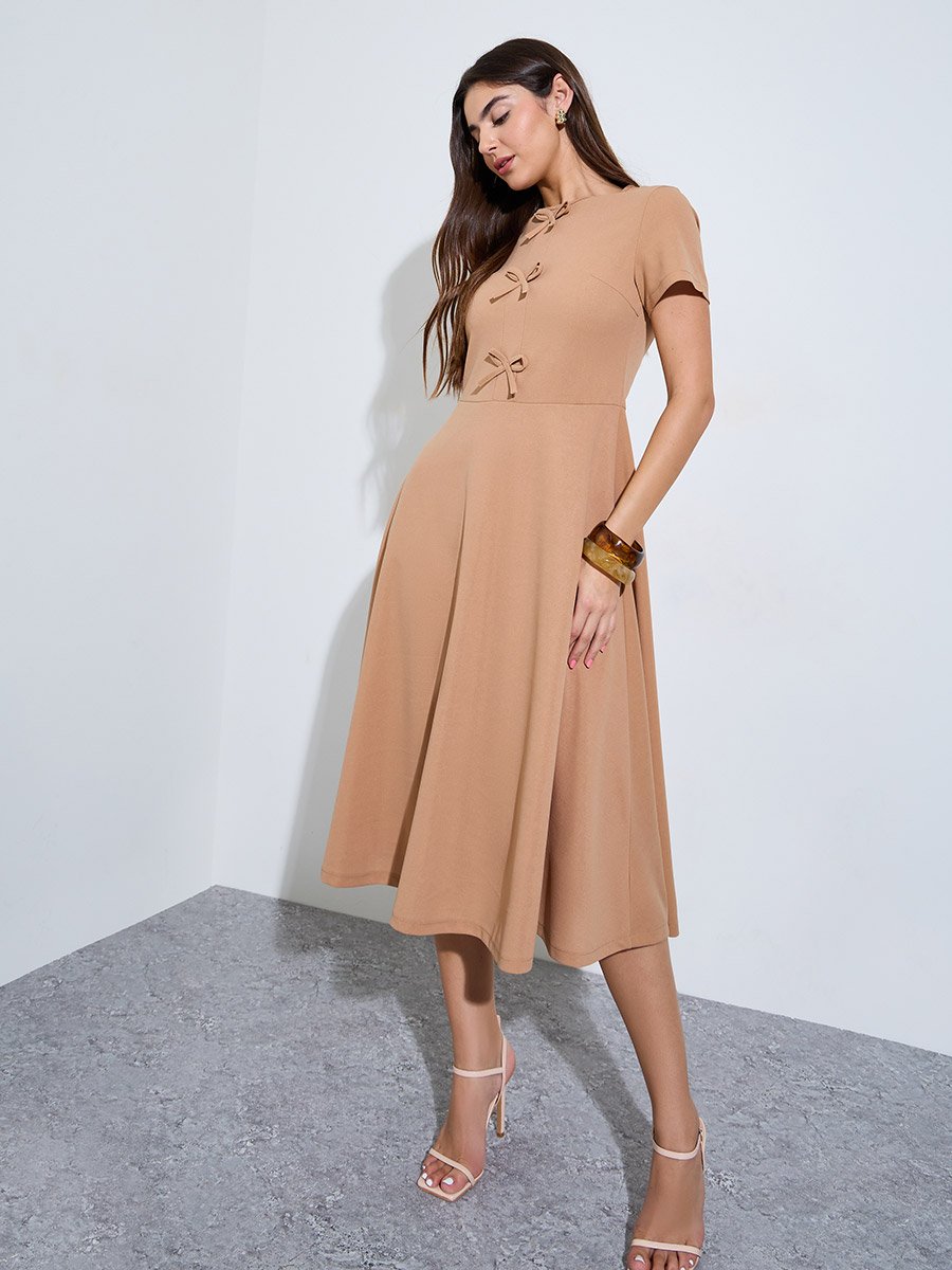 Brown Round Neck Bow Detail Midi Dress