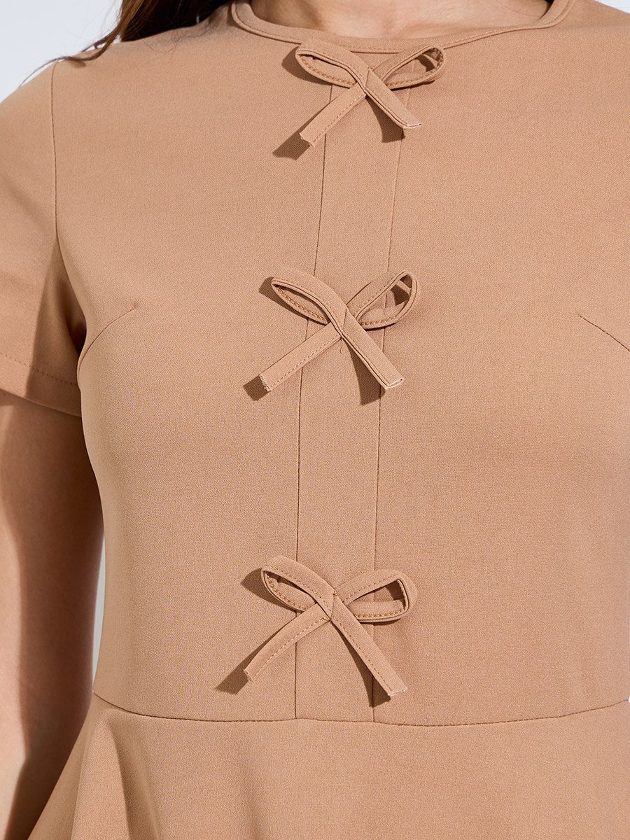Brown Round Neck Bow Detail Midi Dress