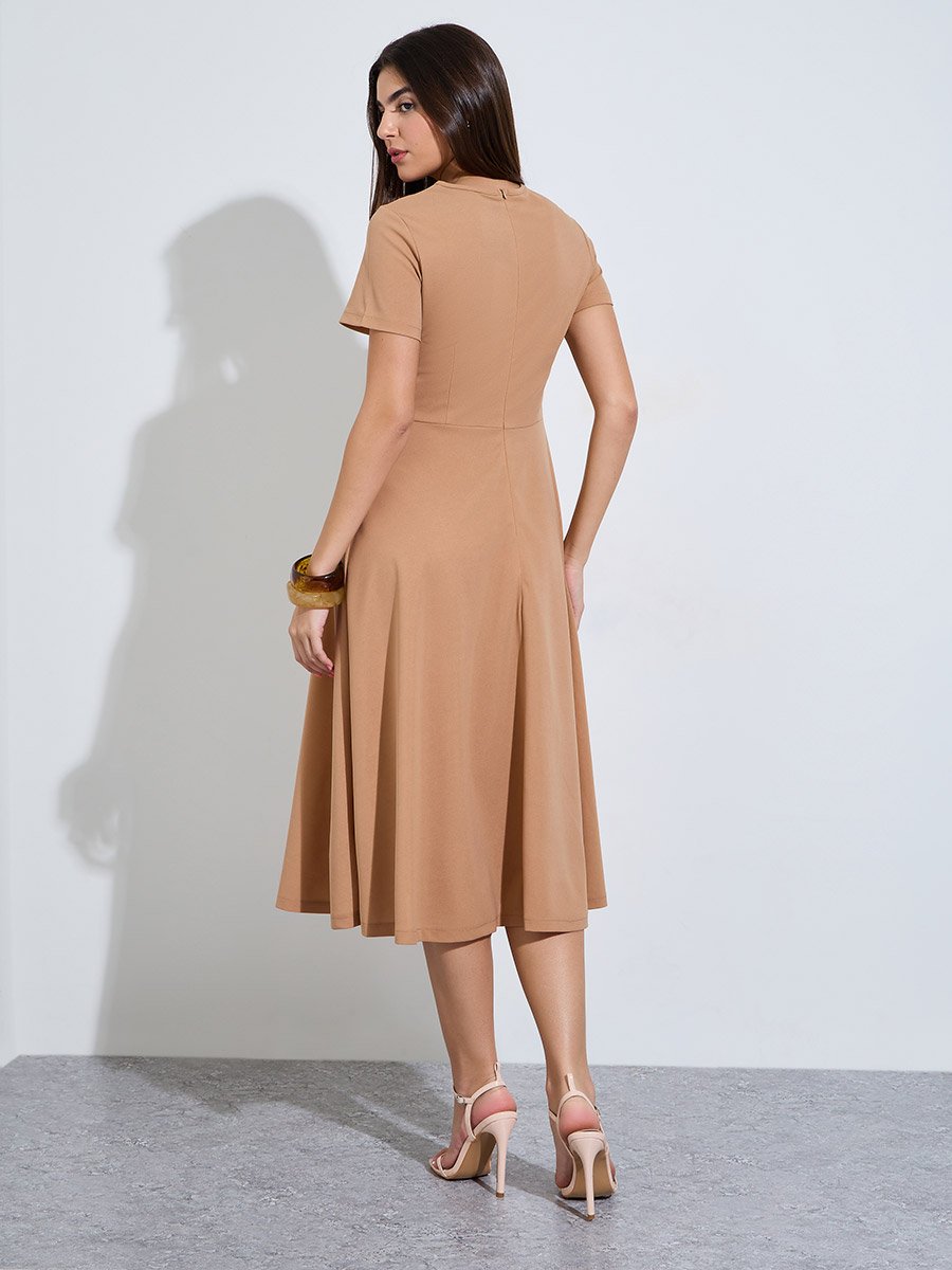 Brown Round Neck Bow Detail Midi Dress