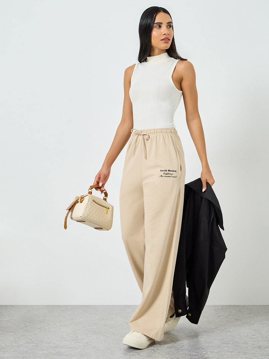 Beige Wide Leg Cotton Blend Joggers