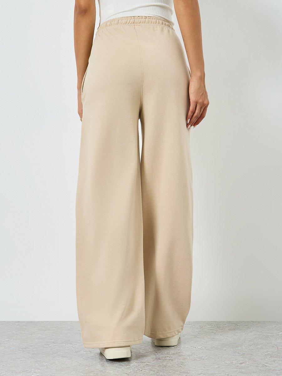 Beige Wide Leg Cotton Blend Joggers