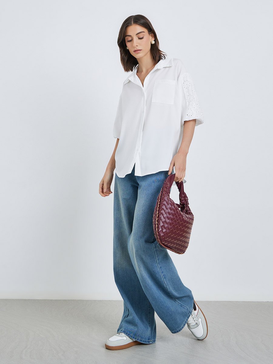 Women White Solid Schiffli Short Sleeve Oversized Shirt