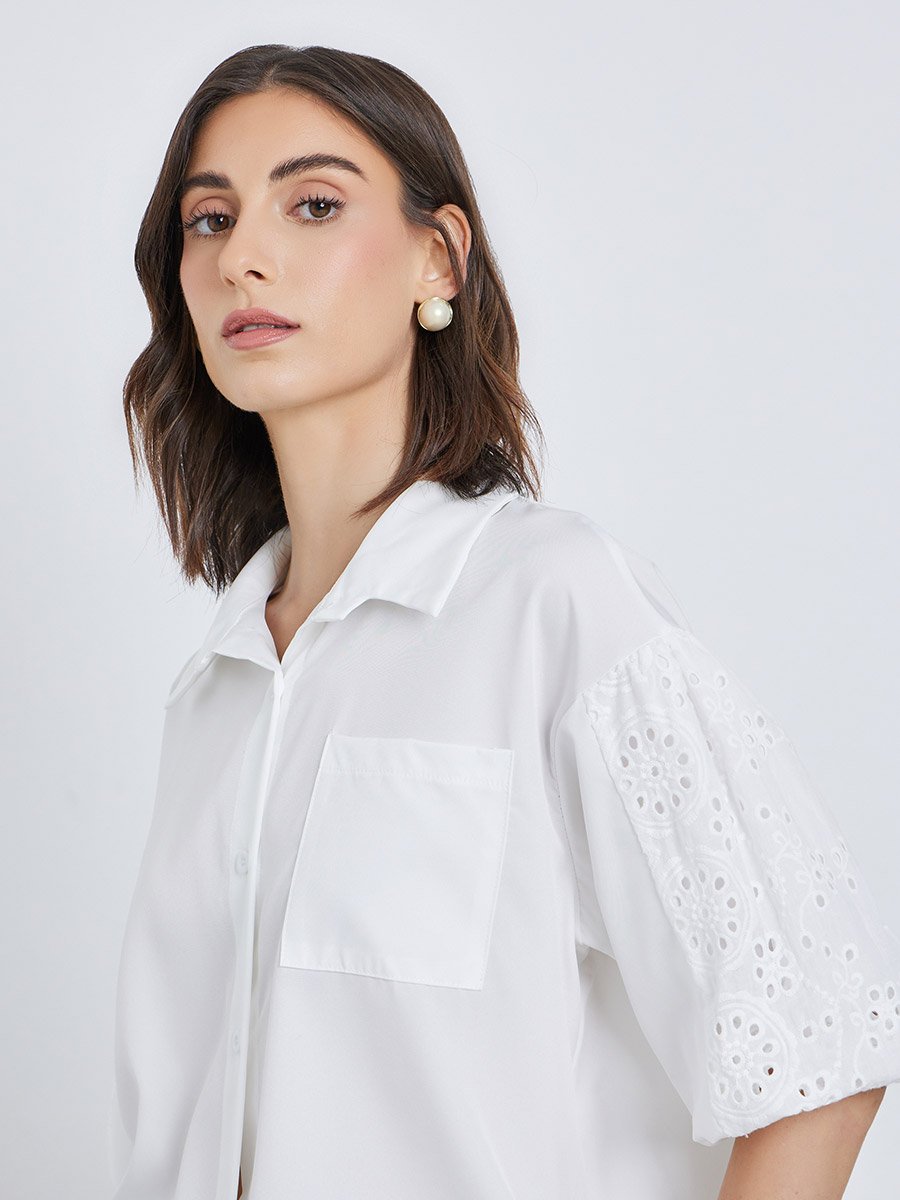 Women White Solid Schiffli Short Sleeve Oversized Shirt