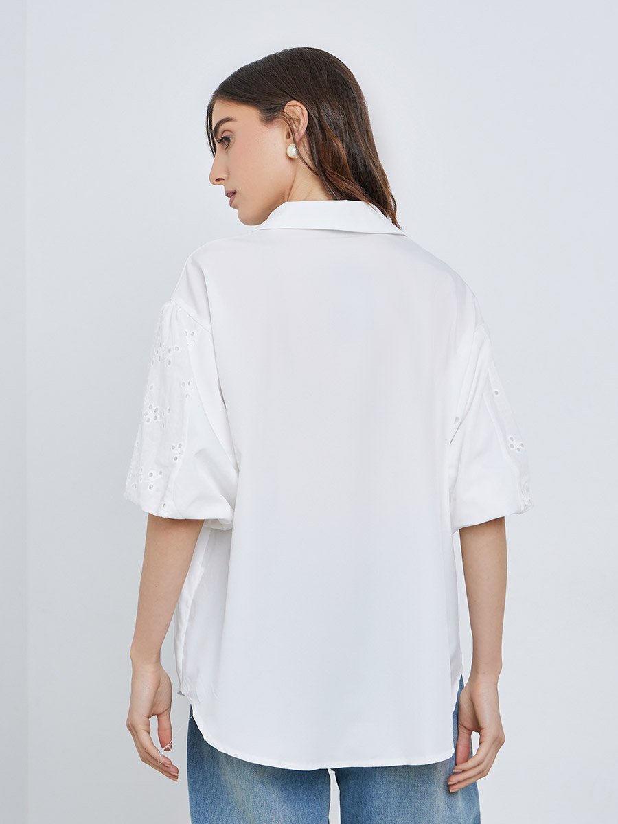 Women White Solid Schiffli Short Sleeve Oversized Shirt