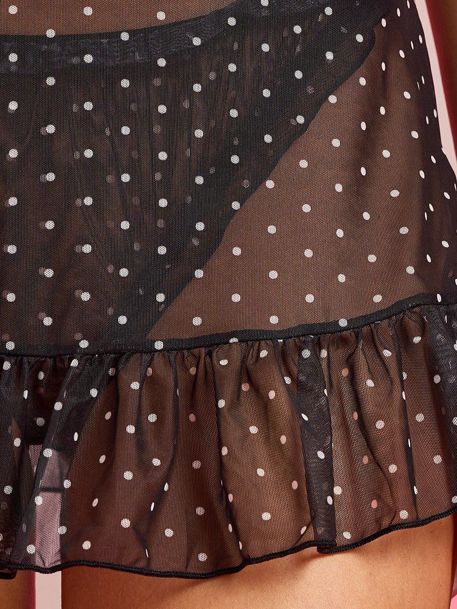 Black Polka Dot Print Ruffle Hem Babydoll with Brief