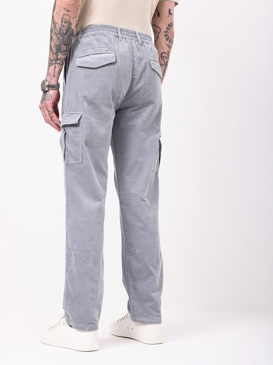 Men Grey Straight Fit Corduroy Cargo Trousers