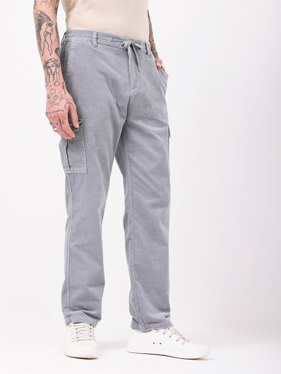 Men Grey Straight Fit Corduroy Cargo Trousers
