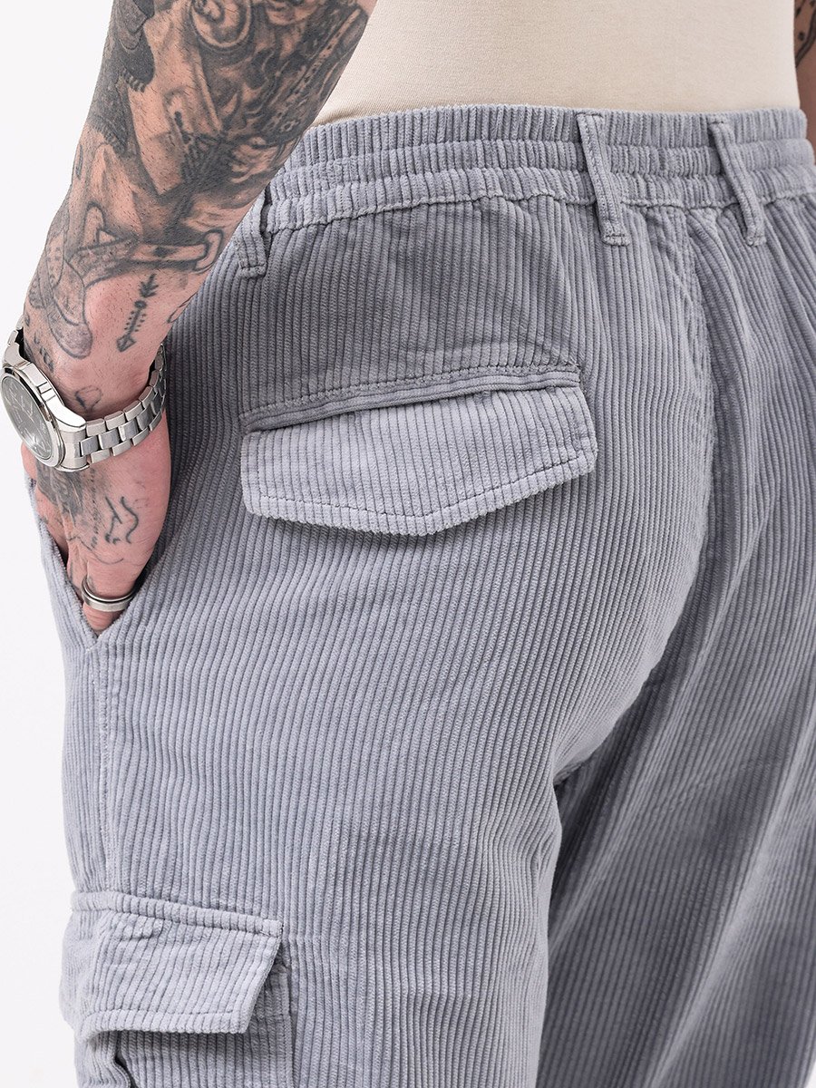 Men Grey Straight Fit Corduroy Cargo Trousers