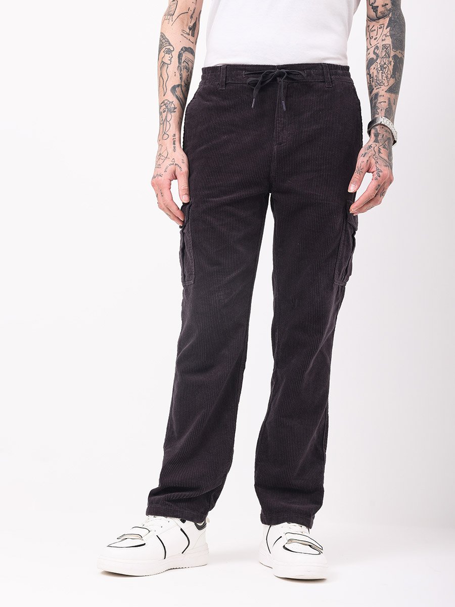 Men Black Straight Fit Corduroy Cargo Trousers