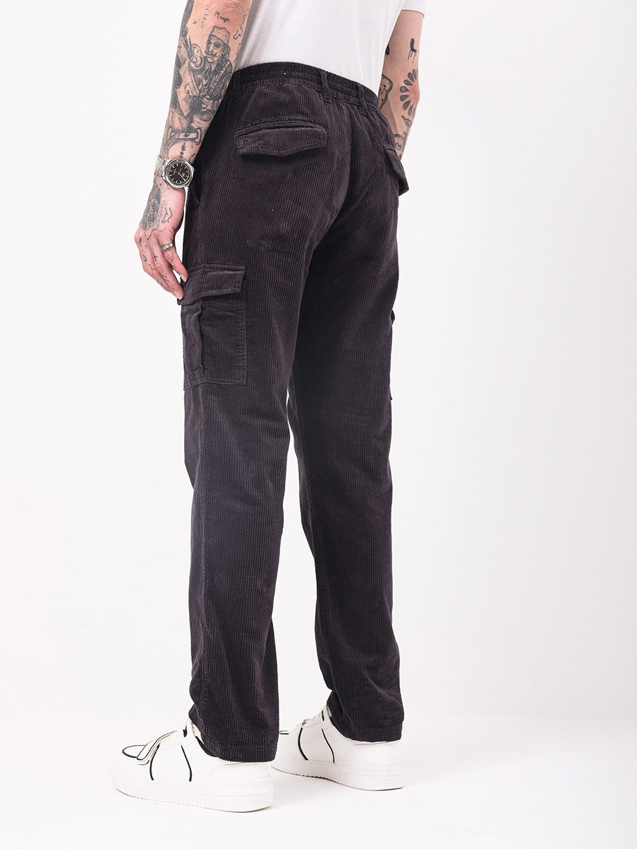 Men Black Straight Fit Corduroy Cargo Trousers