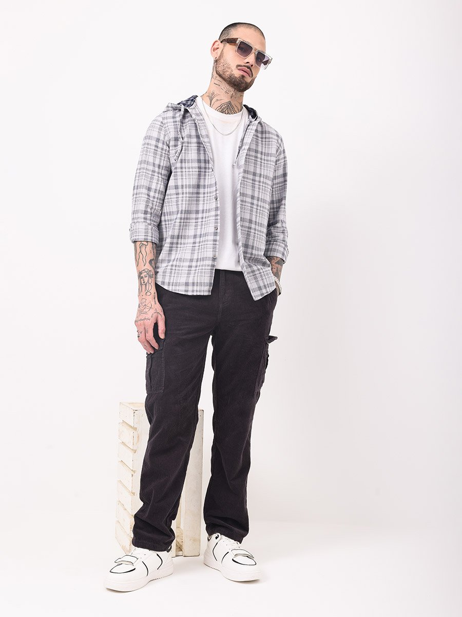 Men Black Straight Fit Corduroy Cargo Trousers