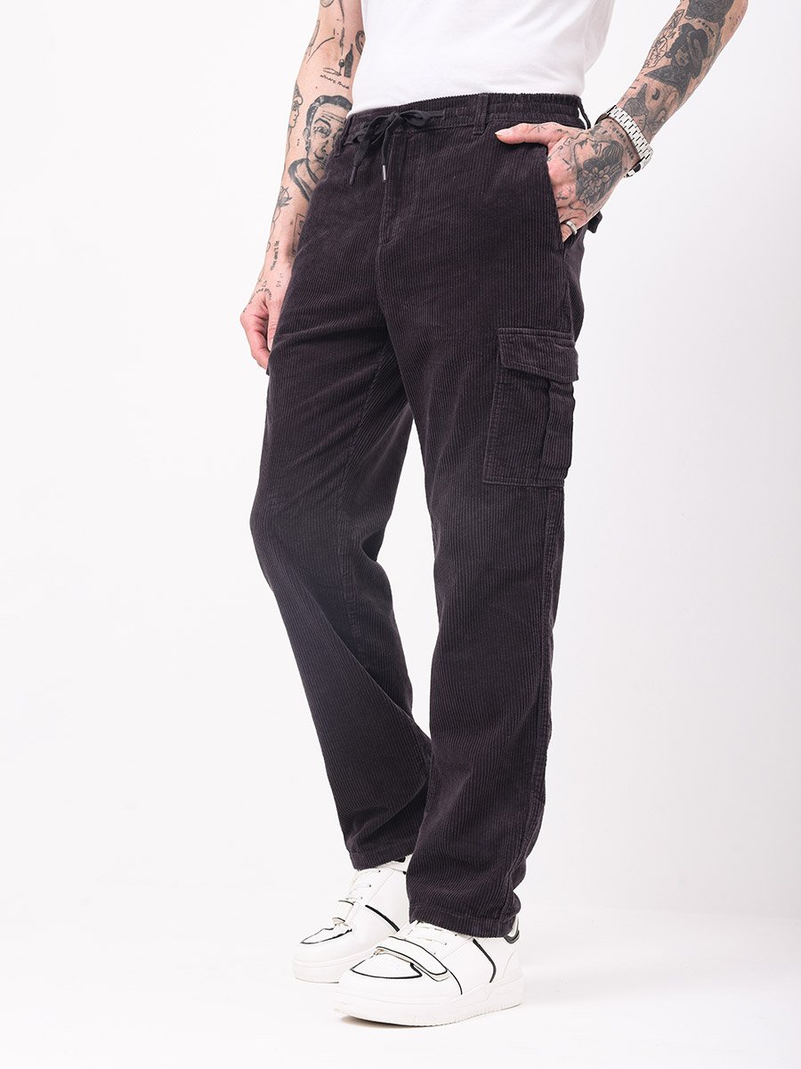 Men Black Straight Fit Corduroy Cargo Trousers