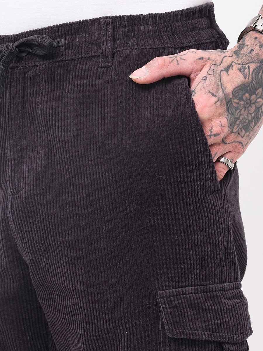 Men Black Straight Fit Corduroy Cargo Trousers