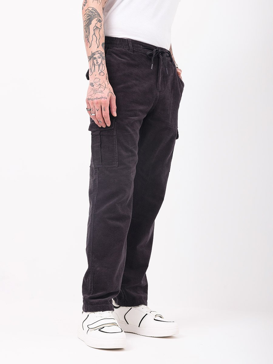Men Black Straight Fit Corduroy Cargo Trousers