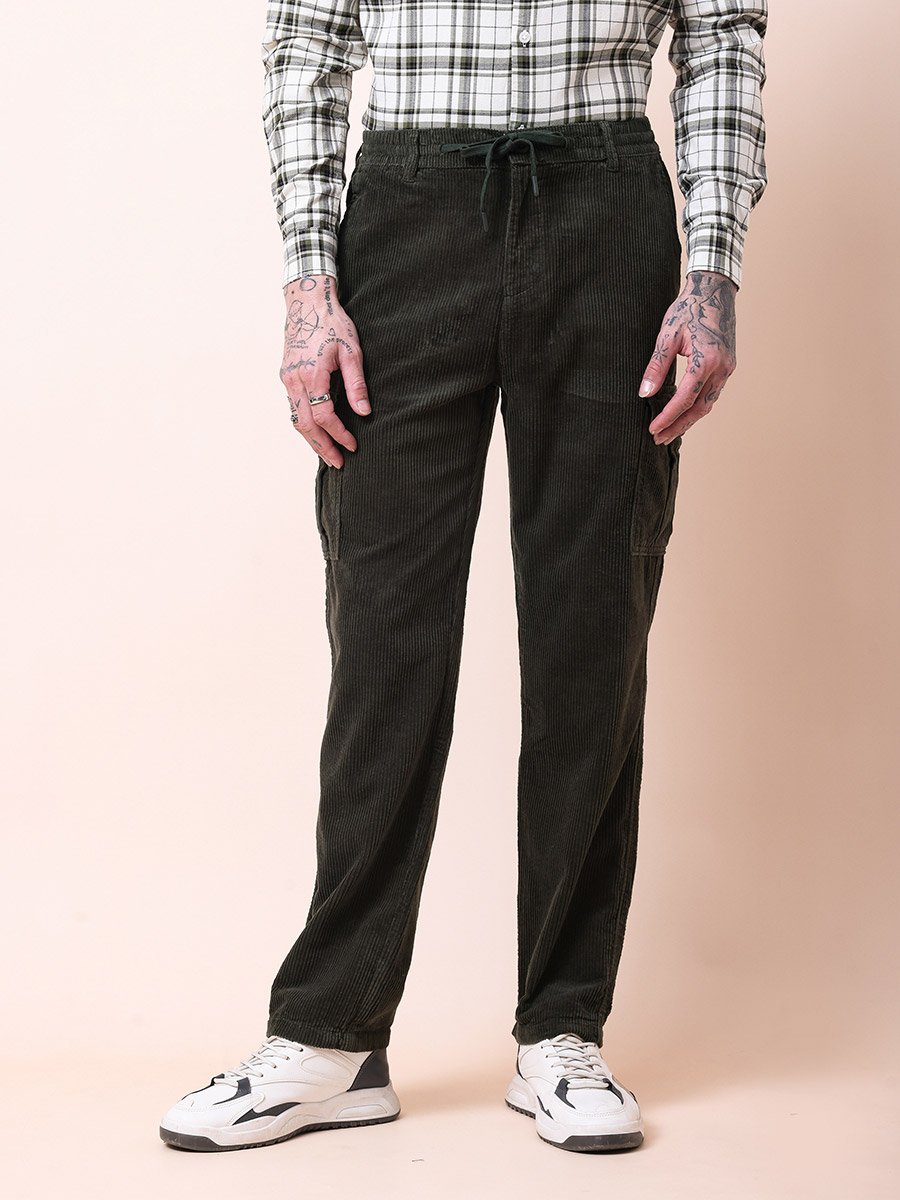 Men Olive Straight Fit Corduroy Cargo Trousers