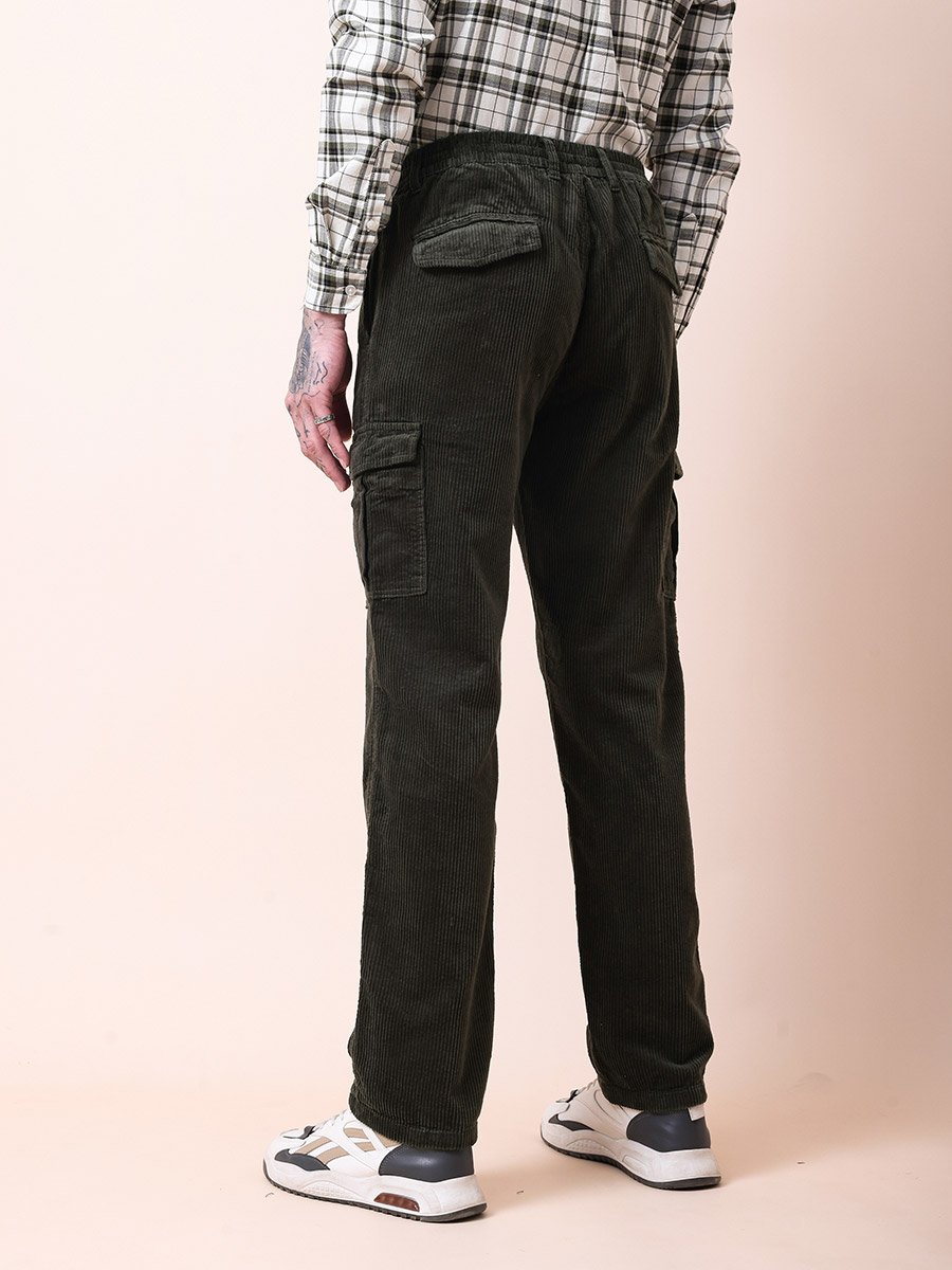 Men Olive Straight Fit Corduroy Cargo Trousers