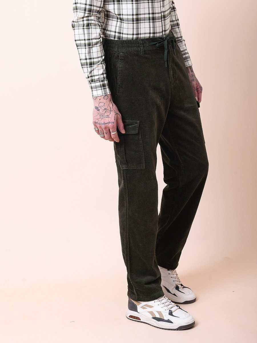 Men Olive Straight Fit Corduroy Cargo Trousers