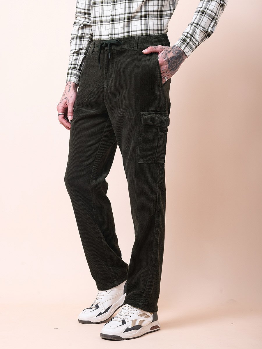 Men Olive Straight Fit Corduroy Cargo Trousers