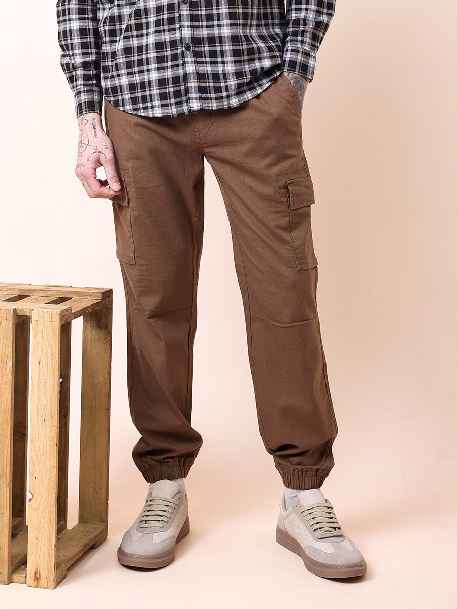 Men Brown Solid Cargo Joggers