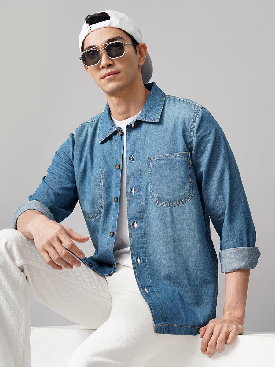 Oversized Denim Shirt with Chest Pockets