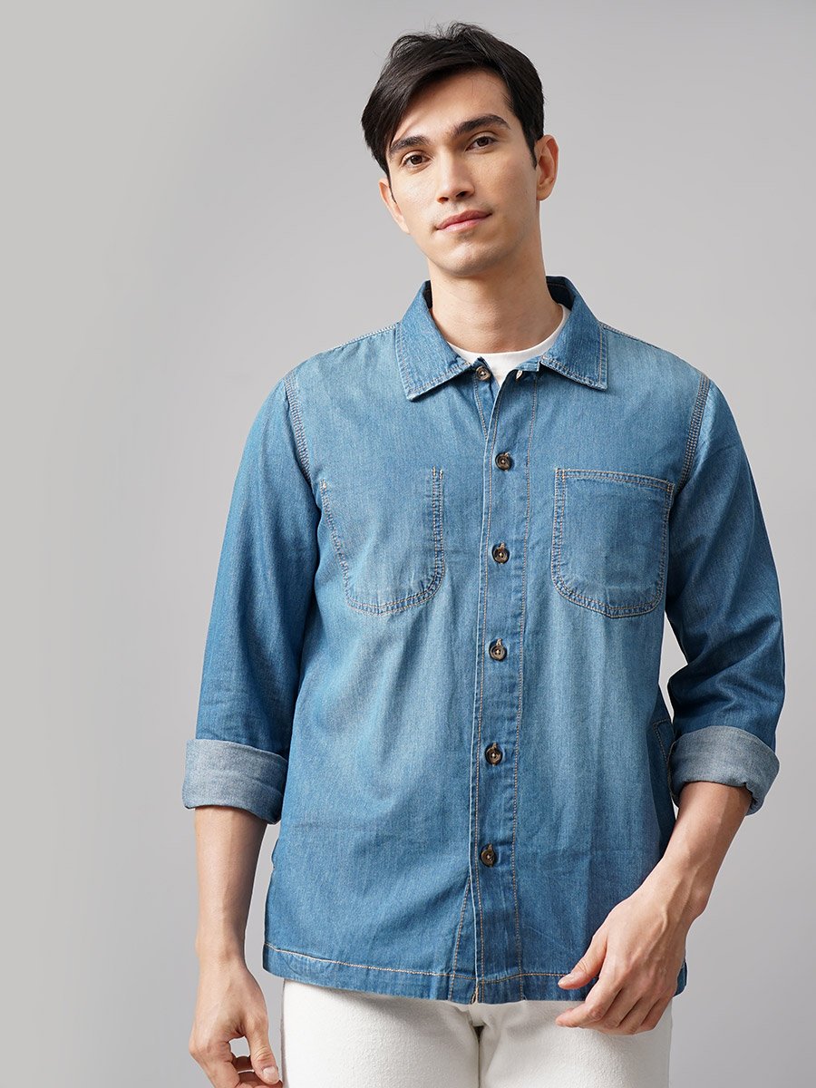 Oversized Denim Shirt with Chest Pockets