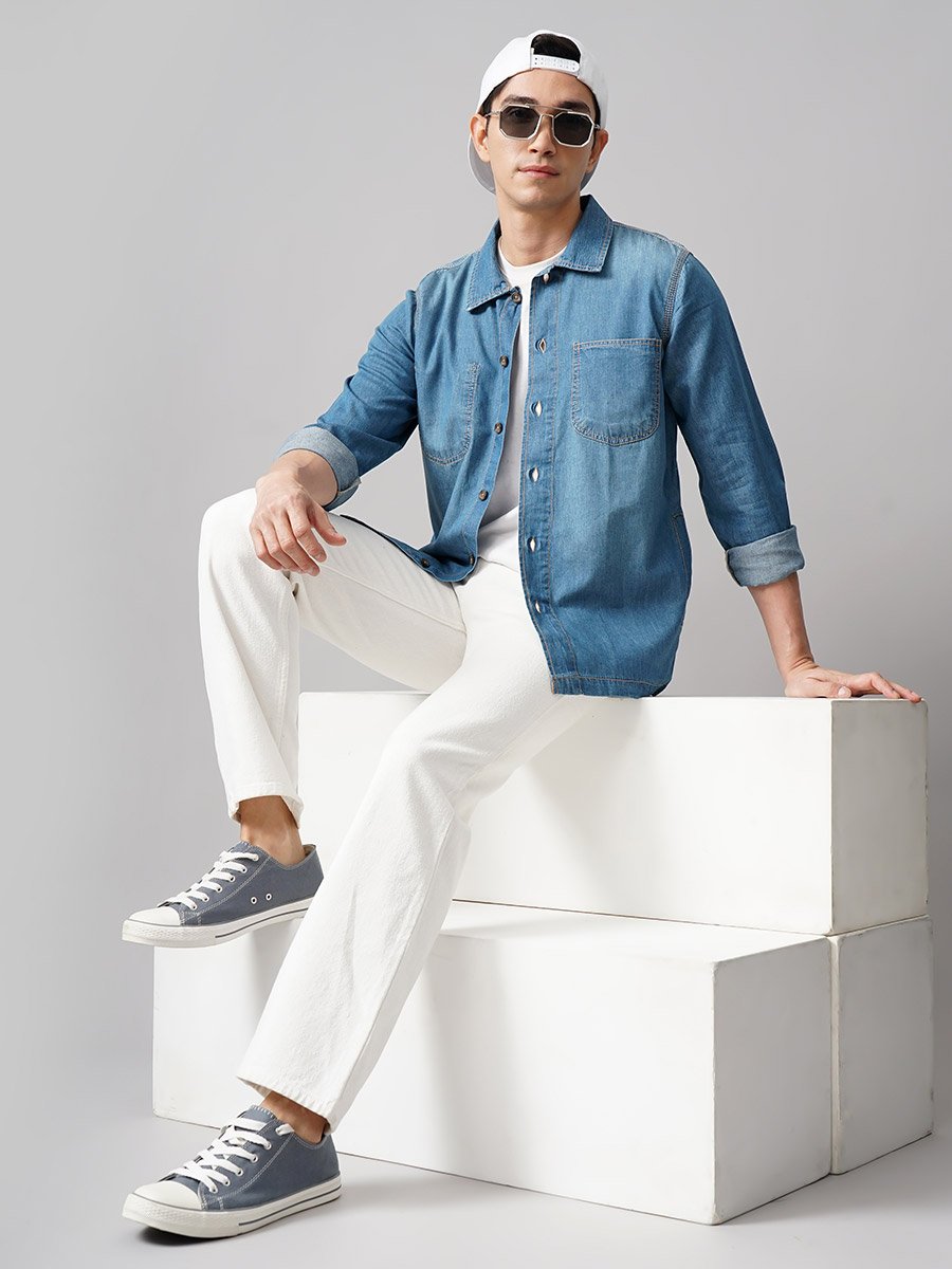 Oversized Denim Shirt with Chest Pockets