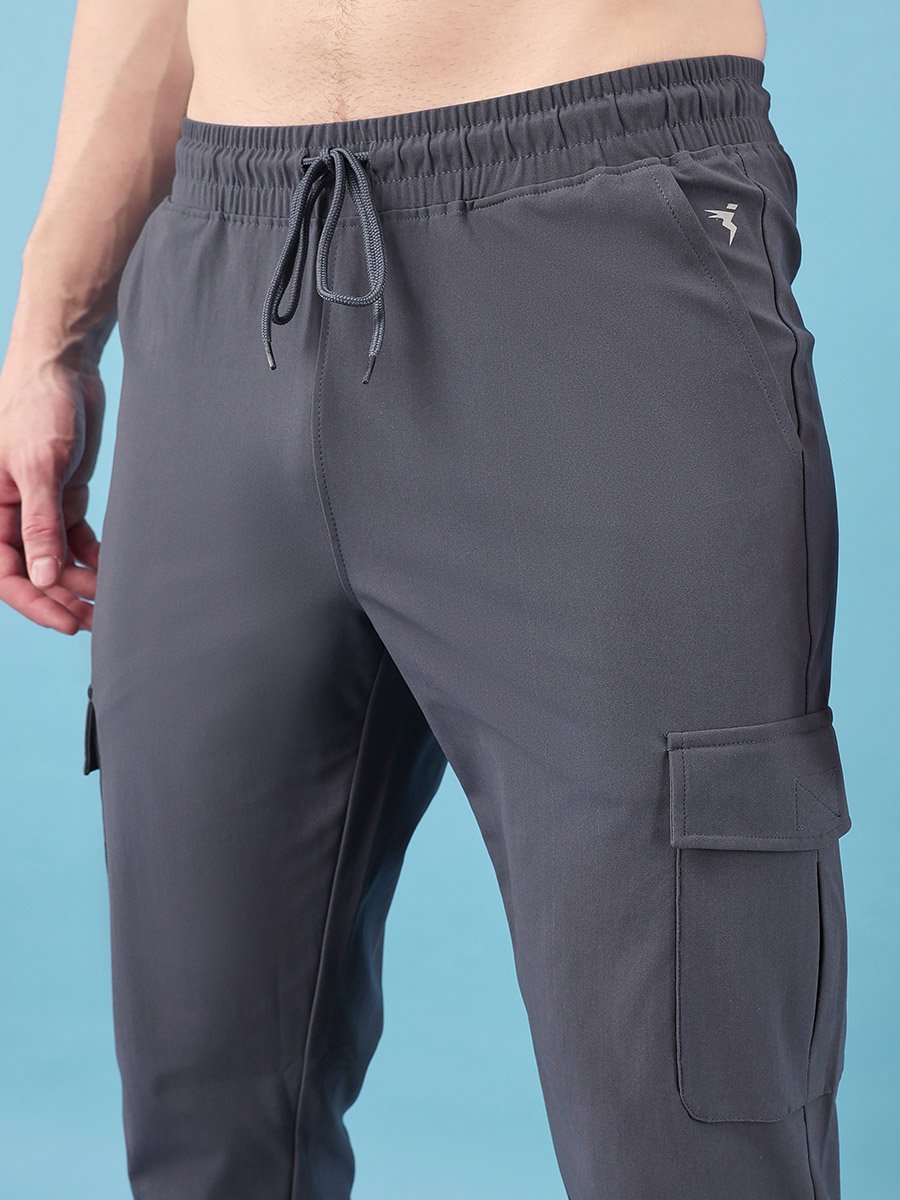 Grey Solid 4-Way Stretch Cargo Pants