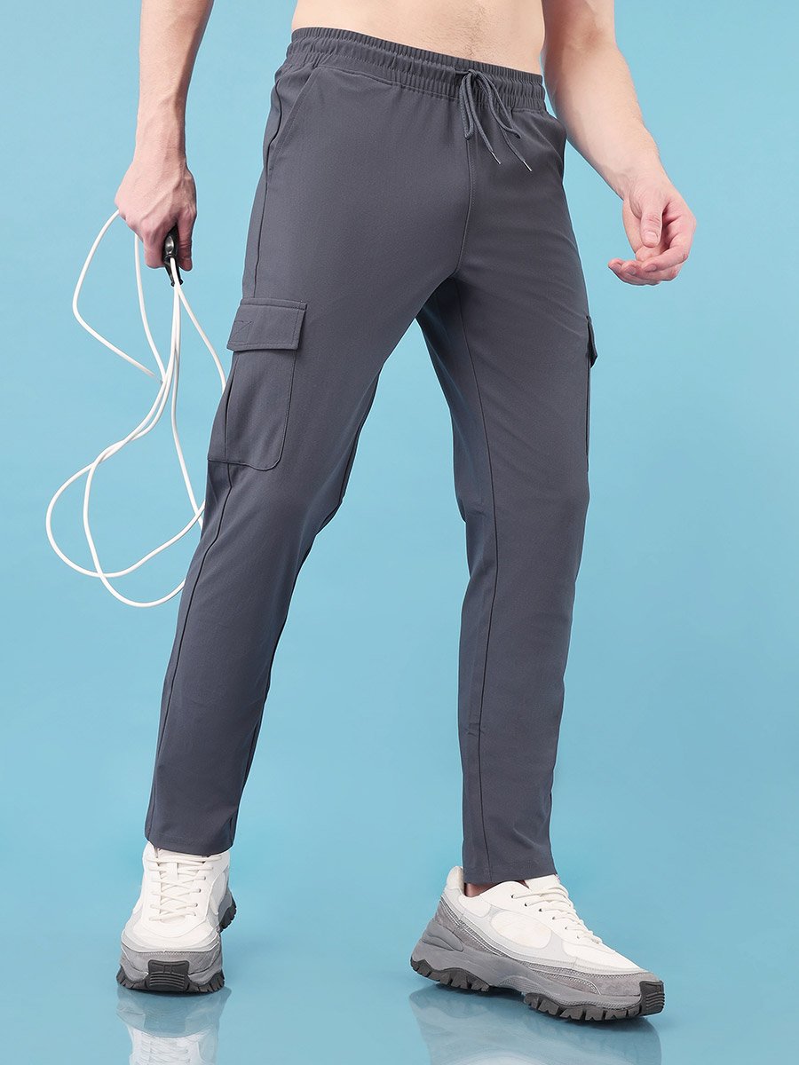 Grey Solid 4-Way Stretch Cargo Pants