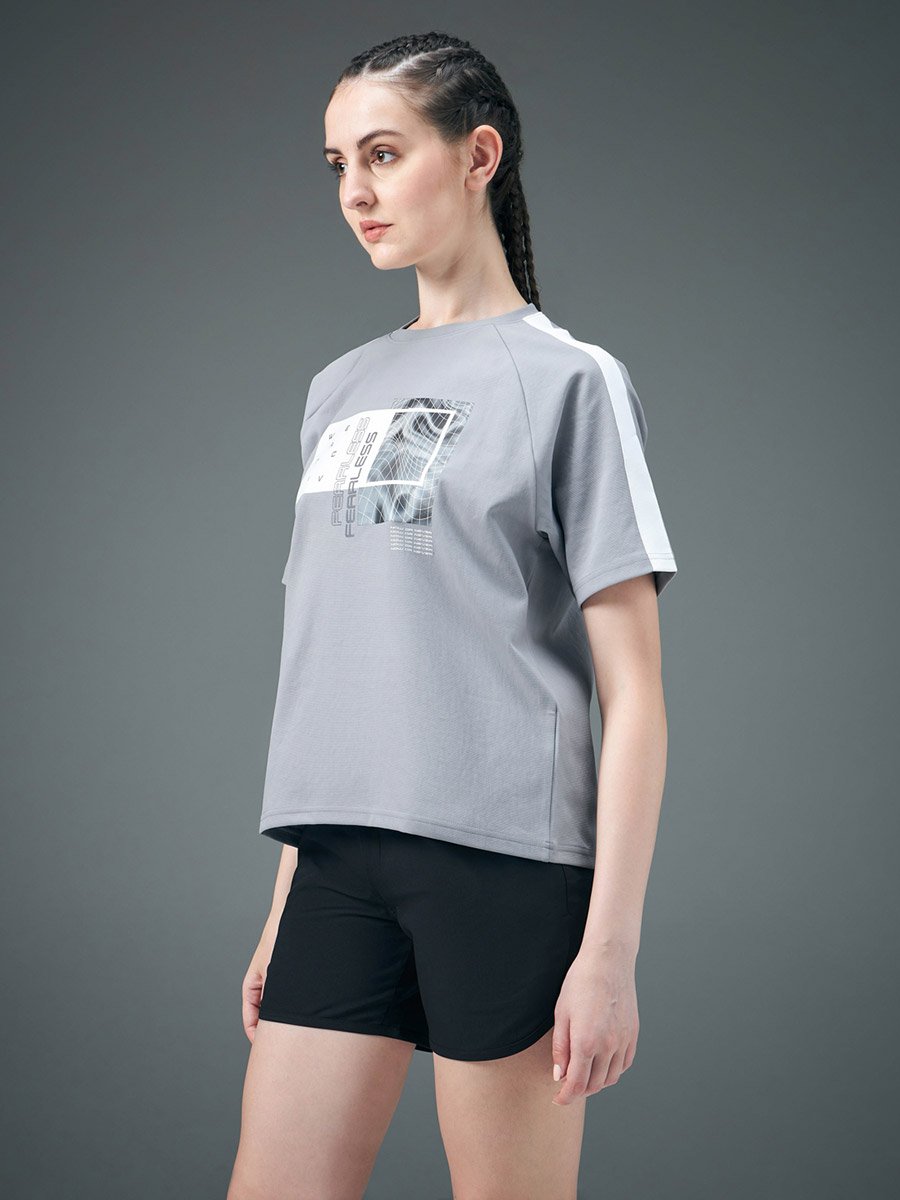 Graphic Print Crew Neck Stretch Crop T-Shirt