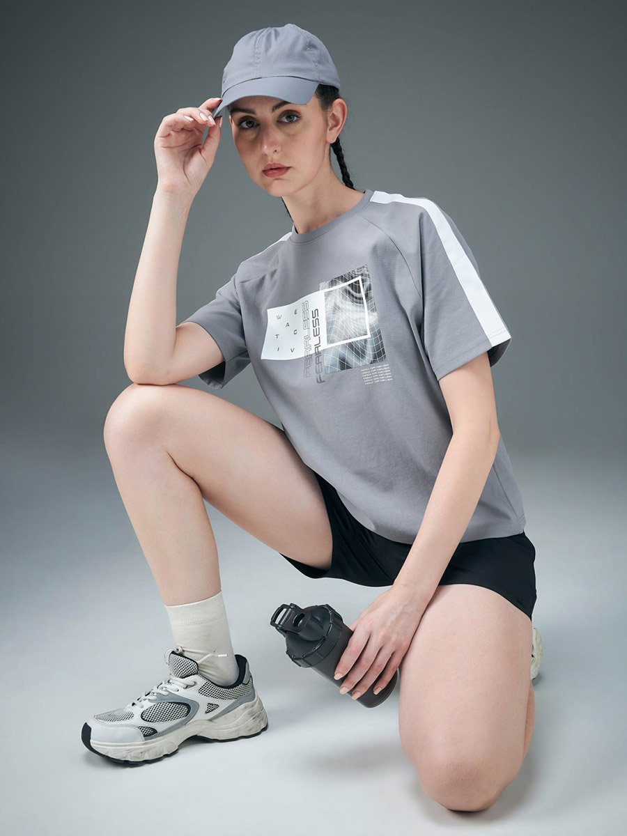 Graphic Print Crew Neck Stretch Crop T-Shirt