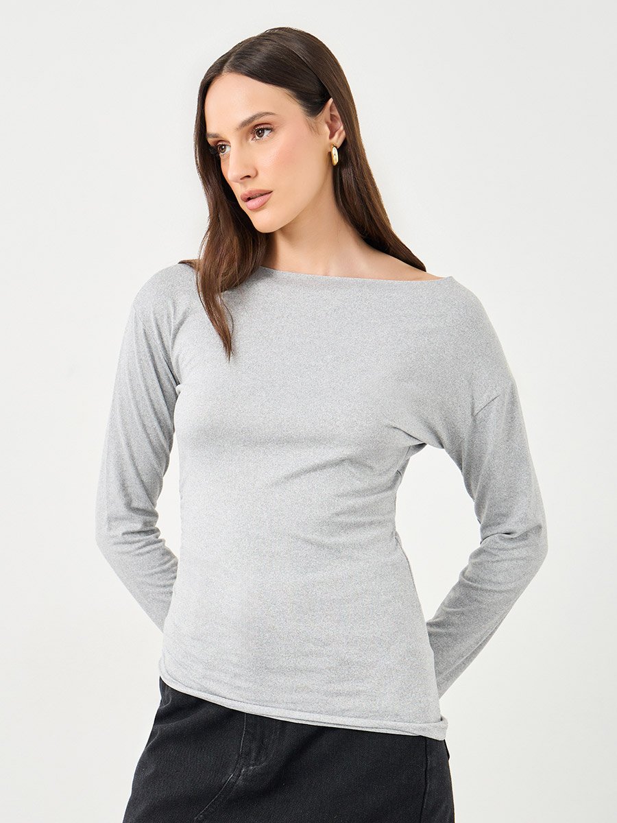 Women Grey Asymmetric Hem Fitted Top