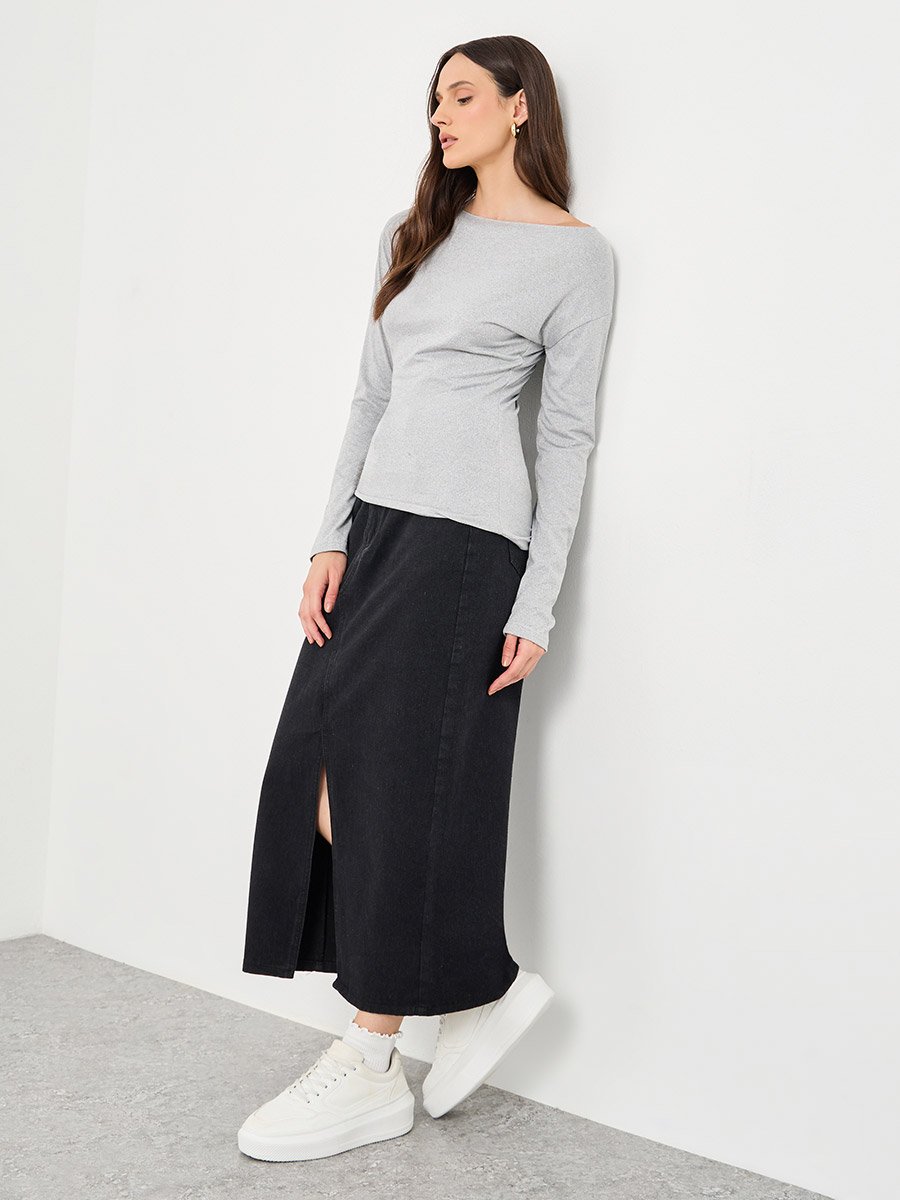 Women Grey Asymmetric Hem Fitted Top