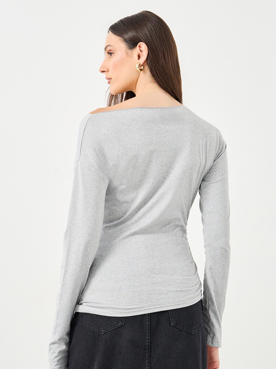Women Grey Asymmetric Hem Fitted Top