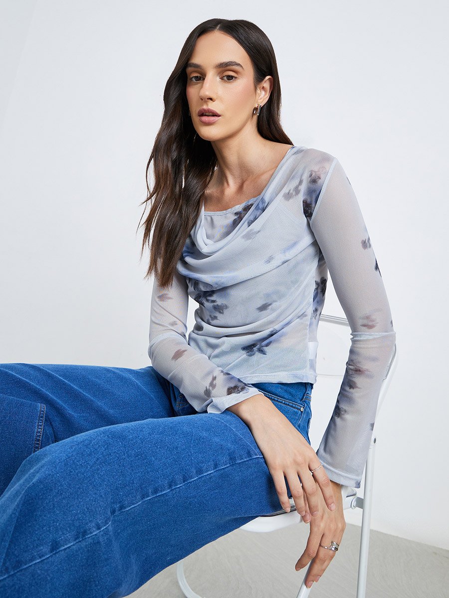 Floral Print Cowl Neck Top