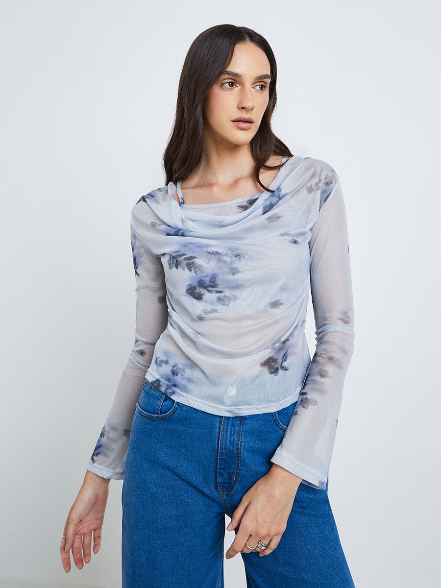 Floral Print Cowl Neck Top