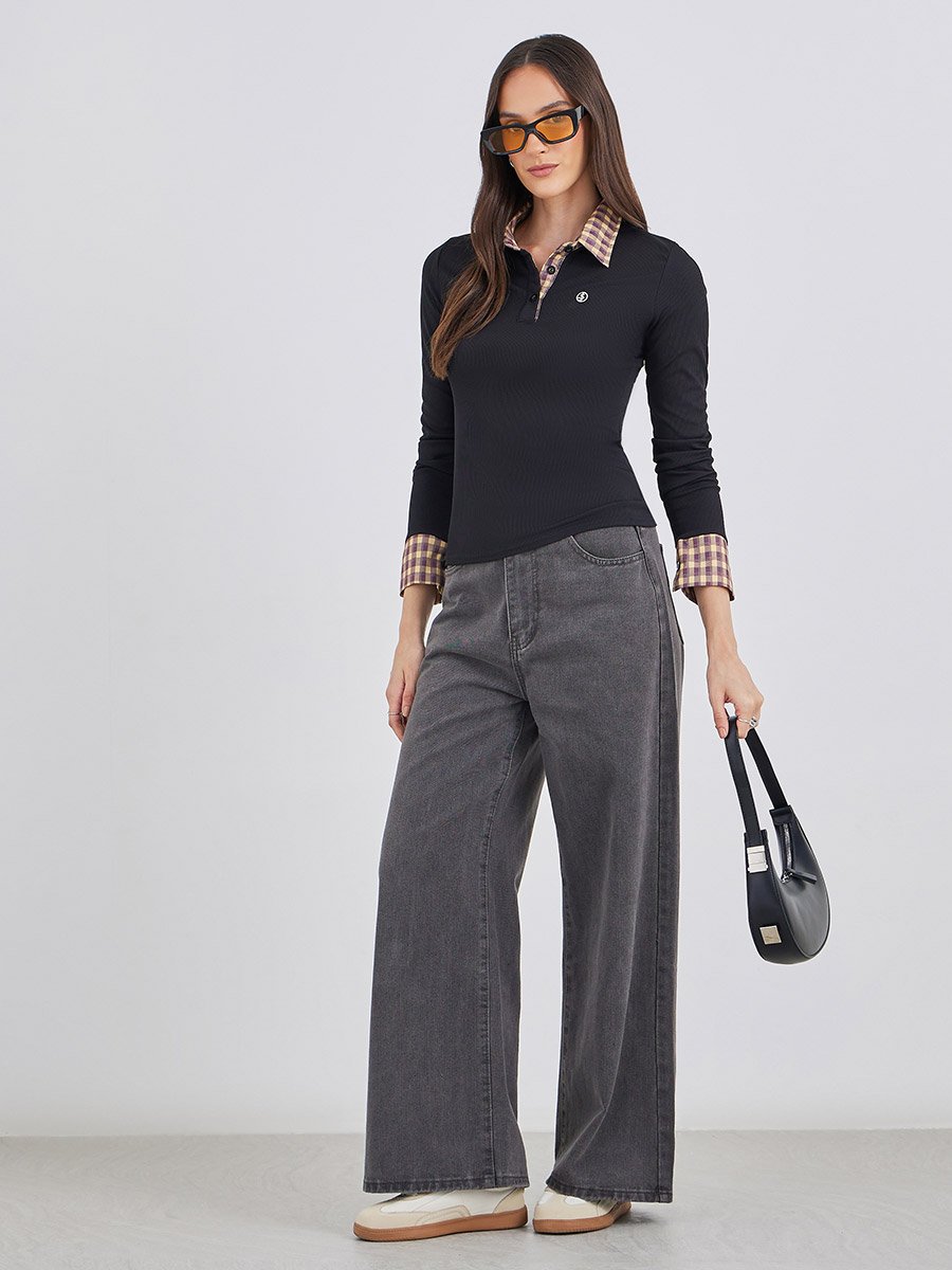 Checked Contrast Collar Long Sleeve Knit Top